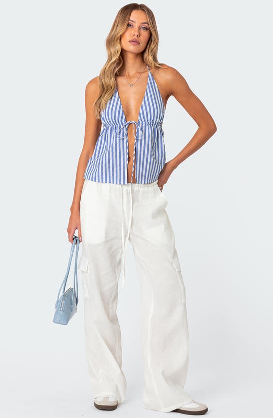 Shop Edikted Madelyn Stripe Tie Front Cotton Halter Top In Blue-and-white