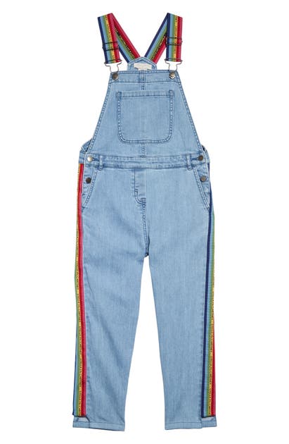 STELLA MCCARTNEY GIRL'S STELLA MCCARTNEY LOGO STRIPE DENIM OVERALLS,589395 SOK79