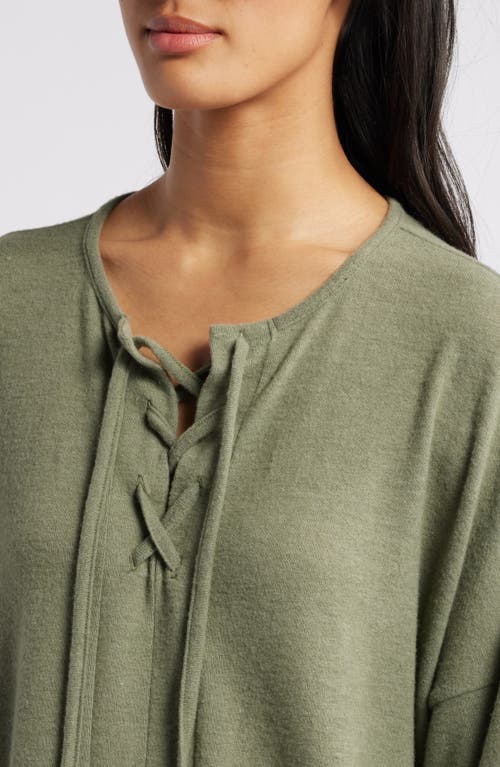 Loveappella Lace-up Knit Top In Olive