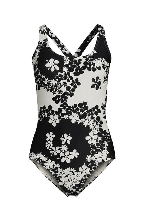 Shop Lands' End Chlorine Resistant Scoop Neck X-back High Leg Soft Cup Tugless Sporty One Piece Swimsuit In Black Floral Shadow