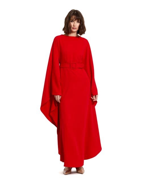 Mac Duggal Crepe Boat Neck Shawl Gown With Belt In Cherry