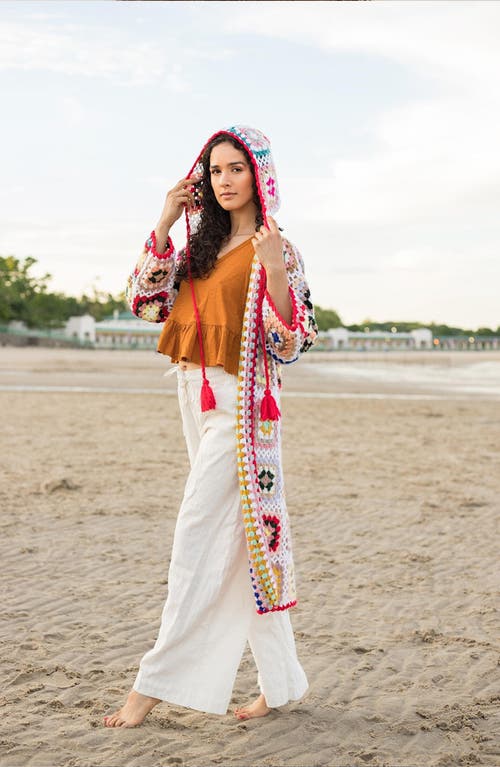Saachi Hooded Square Crochet Ruana In White Combo