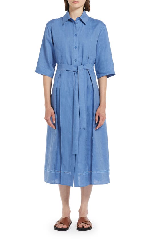 Shop Max Mara Nocino Belted Linen Shirtdress In Sky Blue