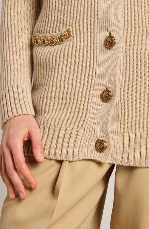 Shop Golden Goose Chain Detail Wool Blend Rib Cardigan In Lambs Wool/gold