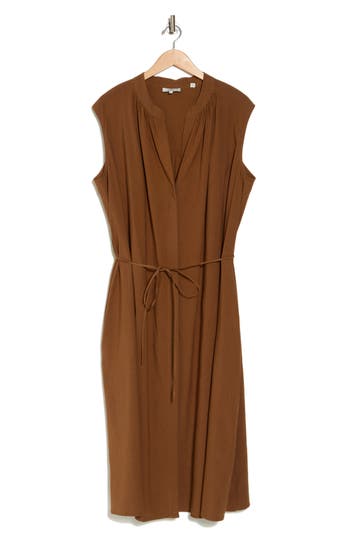 Vince Sleeveless Linen Blend Midi Dress In Cottonwood