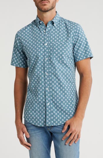 14th & Union Seersucker Short Sleeve Lace Foulard Button-up Shirt In Blue Smoke Lace Foulard