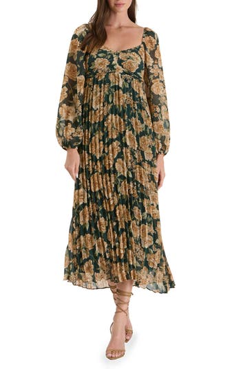 August Sky Floral Long Sleeve Empire Waist Maxi Dress In Hunter Green Multi