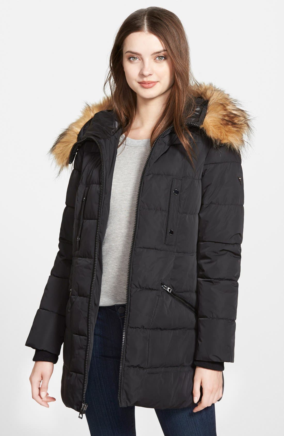 guess faux fur hooded anorak jacket