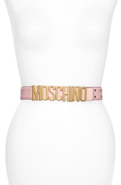 Moschino Logo Plate Leather Belt In Pink/ Gold