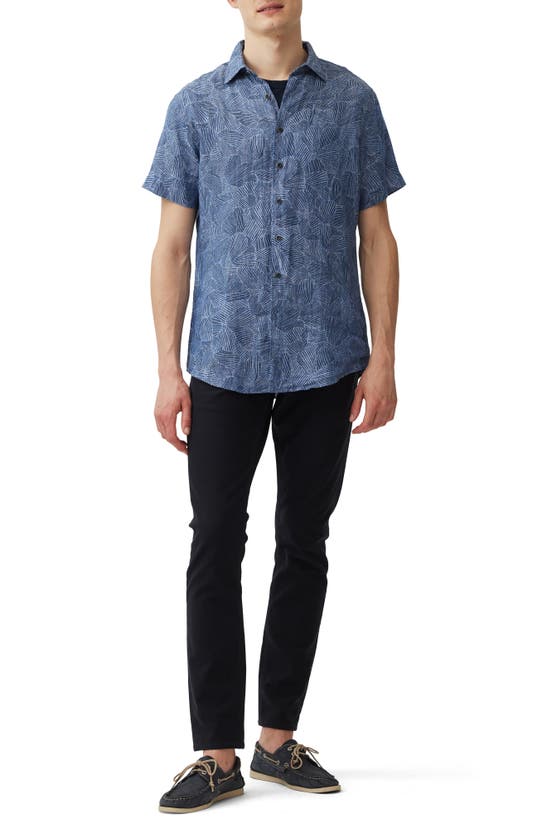 Shop Rodd & Gunn Ellerby Leaf Print Short Sleeve Linen Button-up Shirt In Denim