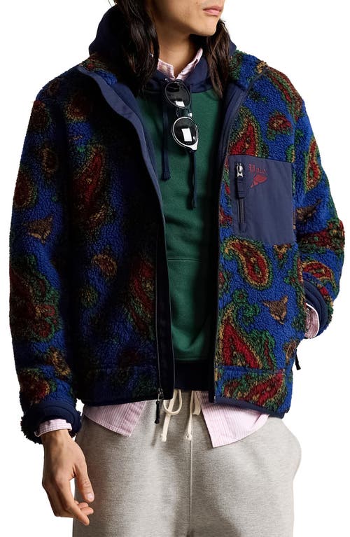 Shop Polo Ralph Lauren High Pile Fleece Jacket In Royal Belv Paisley Combo