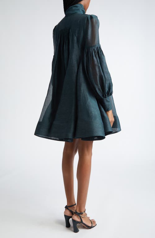 Shop Zimmermann Pavilion Long Sleeve Bow Neck Linen & Silk Dress In Pine