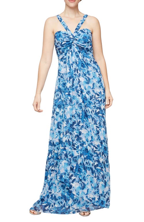Alex Evenings Floral Metallic Stripe Halter Neck Gown in Blue/Multi