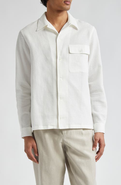 Long Sleeve Cotton & Linen Waffle Weave Camp Shirt in Off White