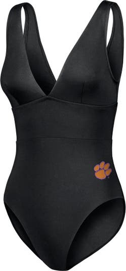 Women s Tommy Bahama Black Clemson Tigers Palm Modern V Neck One Piece Swimsuit