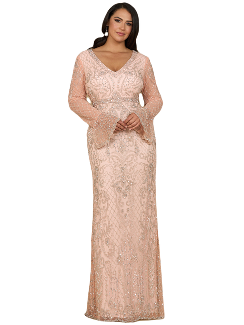 Lara New York Long Bell Sleeve V-neck Beaded Gown In Blush
