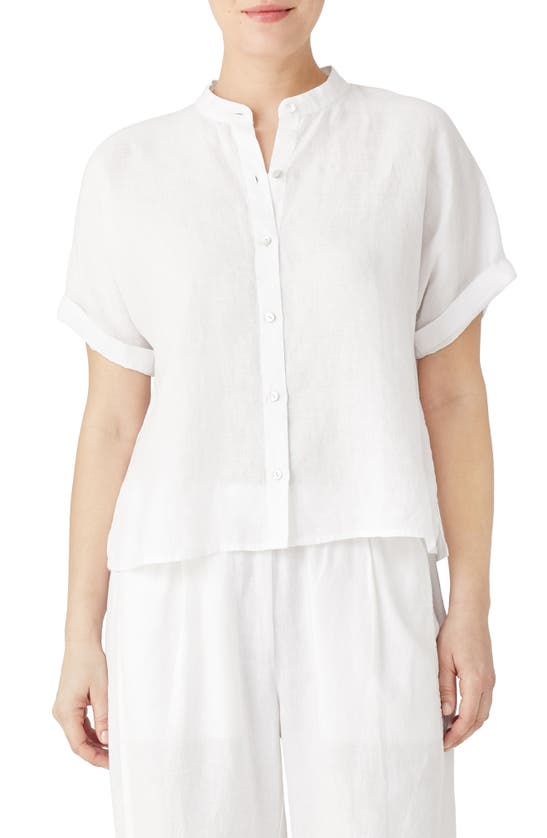 Eileen Fisher Mandarin Collar Linen Button-up Shirt In White