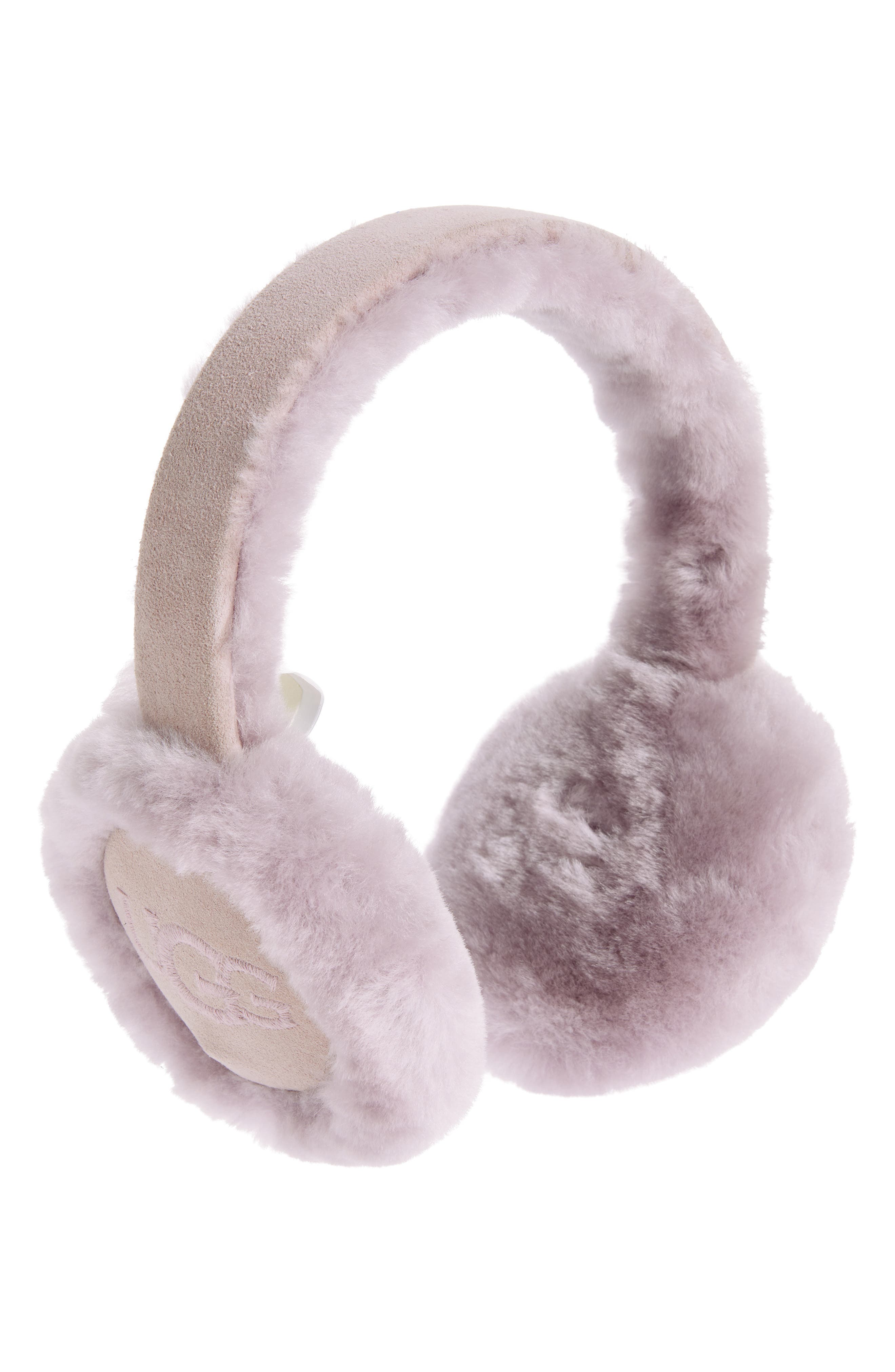 UGG(r) Logo Embroidered Genuine Shearling Earmuffs in Ashen Rose Cover