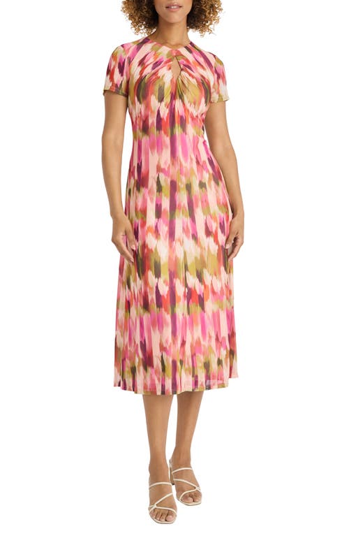 Maggy London Abstract Print Keyhole Midi Dress Beige/Fondant Pink at Nordstrom,