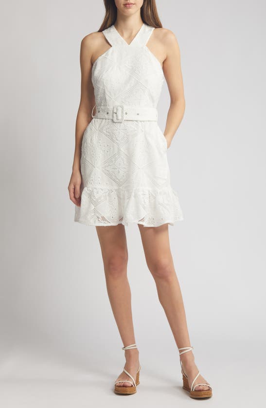 Shop Ciebon Braylee Lace Eyelet Belted Sleeveless Minidress In White
