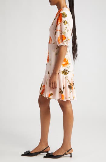 Erdem Floral Print Asymmetric Ruffle Silk Minidress