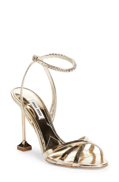 Miu Miu Crystal Embellished Metallic Leather Sandal in Pirite