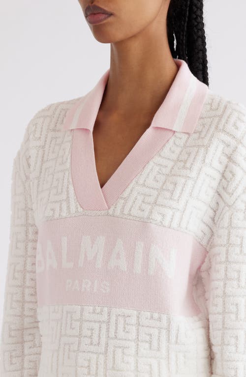 Shop Balmain Sponge Knit Monogram Long Sleeve Polo Sweater In White/pale Pink