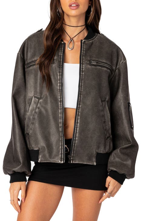 ASOS DESIGN washed faux leather bomber jacket in black