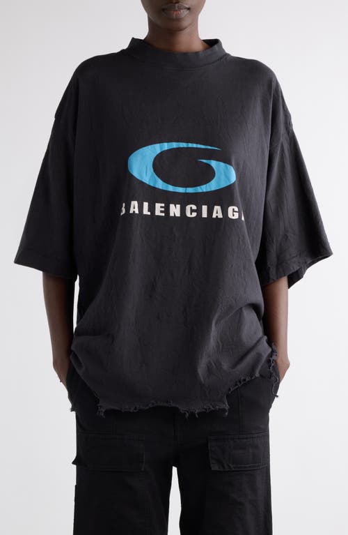 Balenciaga Cropped Distressed Printed Cotton-jersey T-shirt In Washed Black/blue