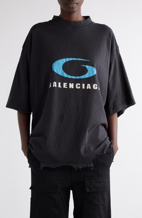 Shop Balenciaga Logo Oversize Distressed Cotton Graphic T-shirt In Washed Black/blue