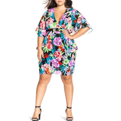 Plus Size Chic City Exotic Blooms Chiffon Dress, Blue