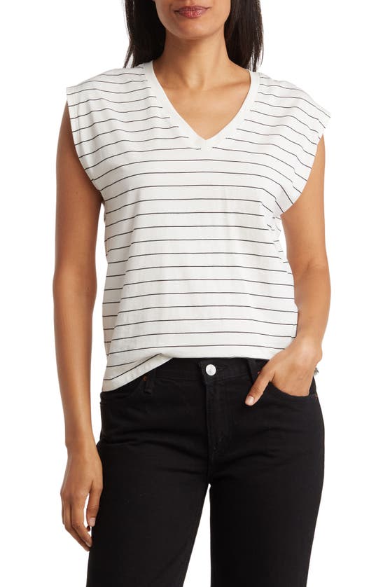 Nordstrom V-neck Pima Cotton T-shirt In Ivory- Black Lauren Stripe