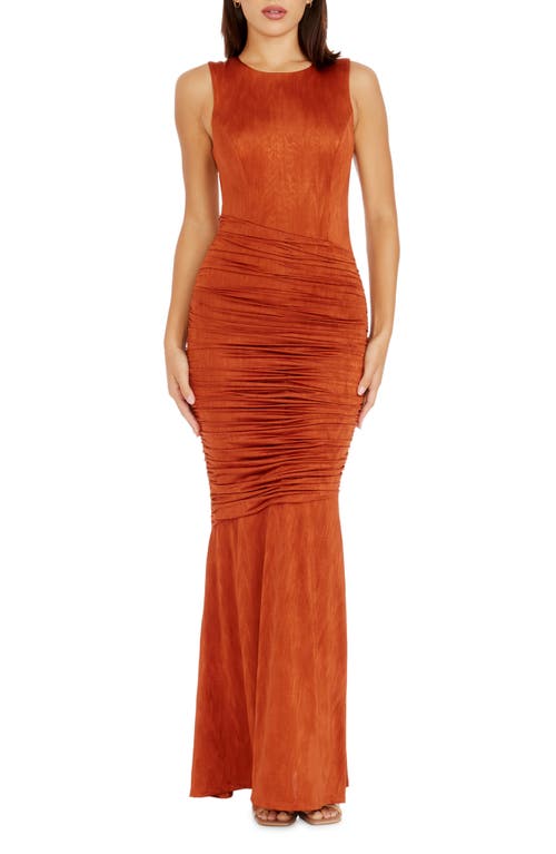 Shop Dress The Population Violetta Ruched Sleeveless Gown In Burnt Orange