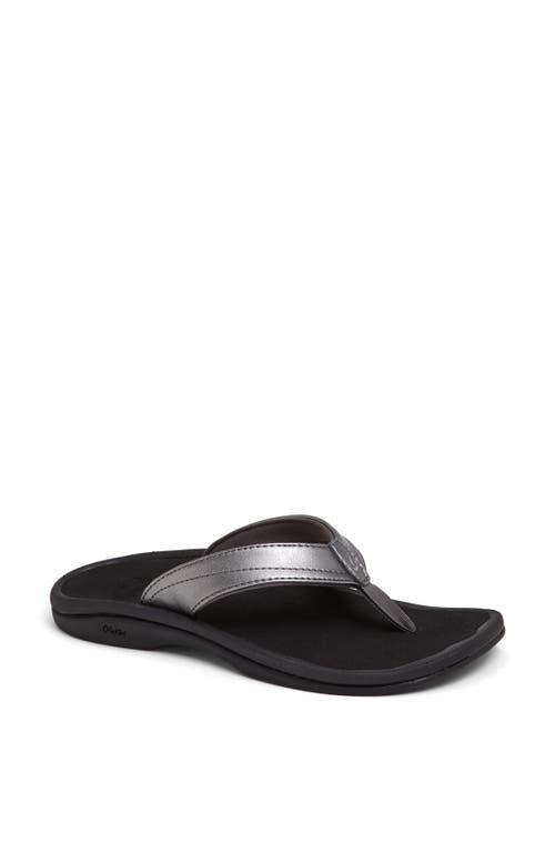 Olukai Ohana Flip Flop In Pewter/black Faux Leather