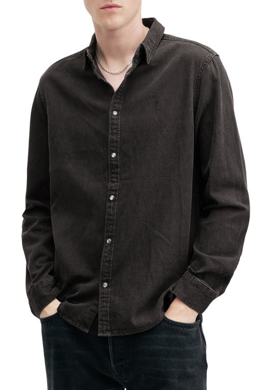Allsaints Mens Black Bandol Resort-collar Long-sleeve Linen-blend Shirt Xxl In Grey