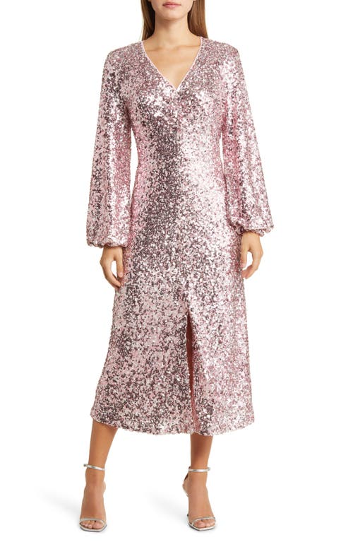 Long Sleeve Sequin Midi Dress in Pink