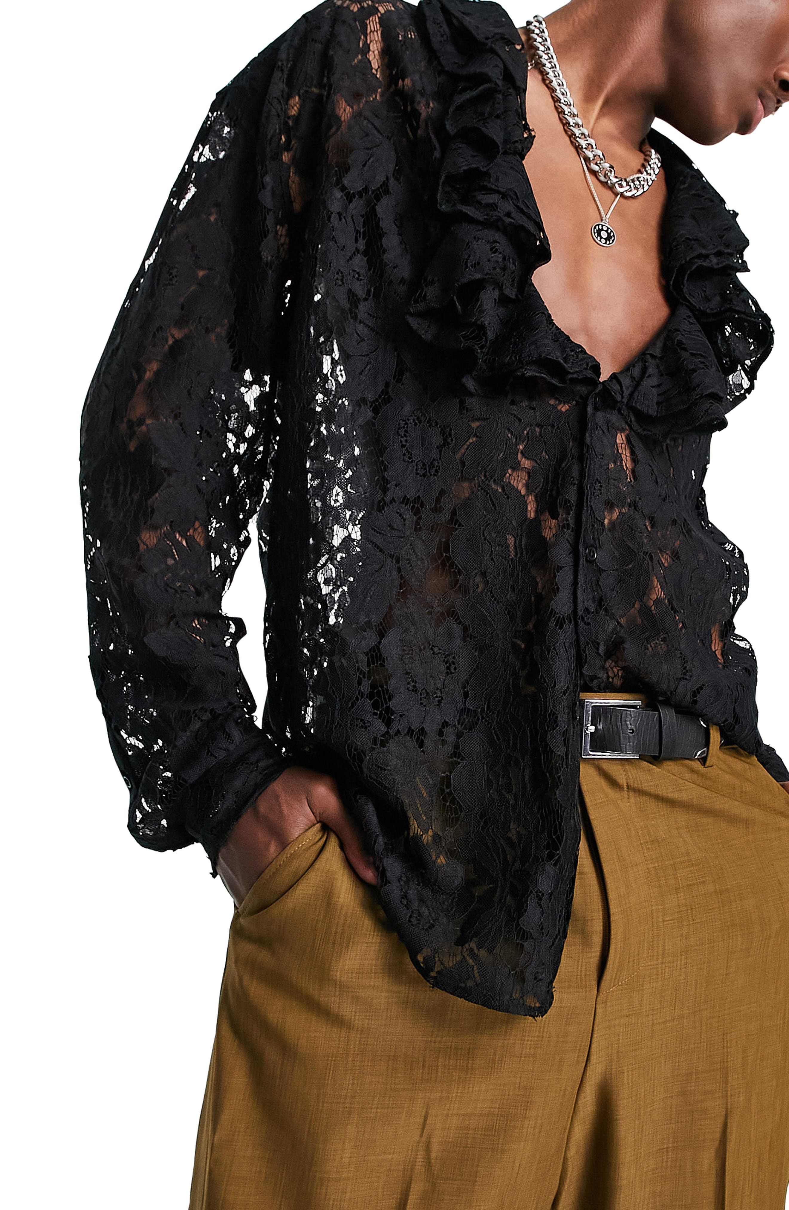 ASOS DESIGN Ruffle Collar Regular Fit Lace Button-Up Shirt in Black