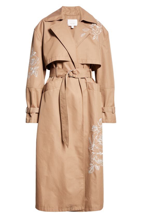 Shop Cinq À Sept Astrid Embroidered Floral Detail Cotton Blend Trench Coat In Khaki/ Silver