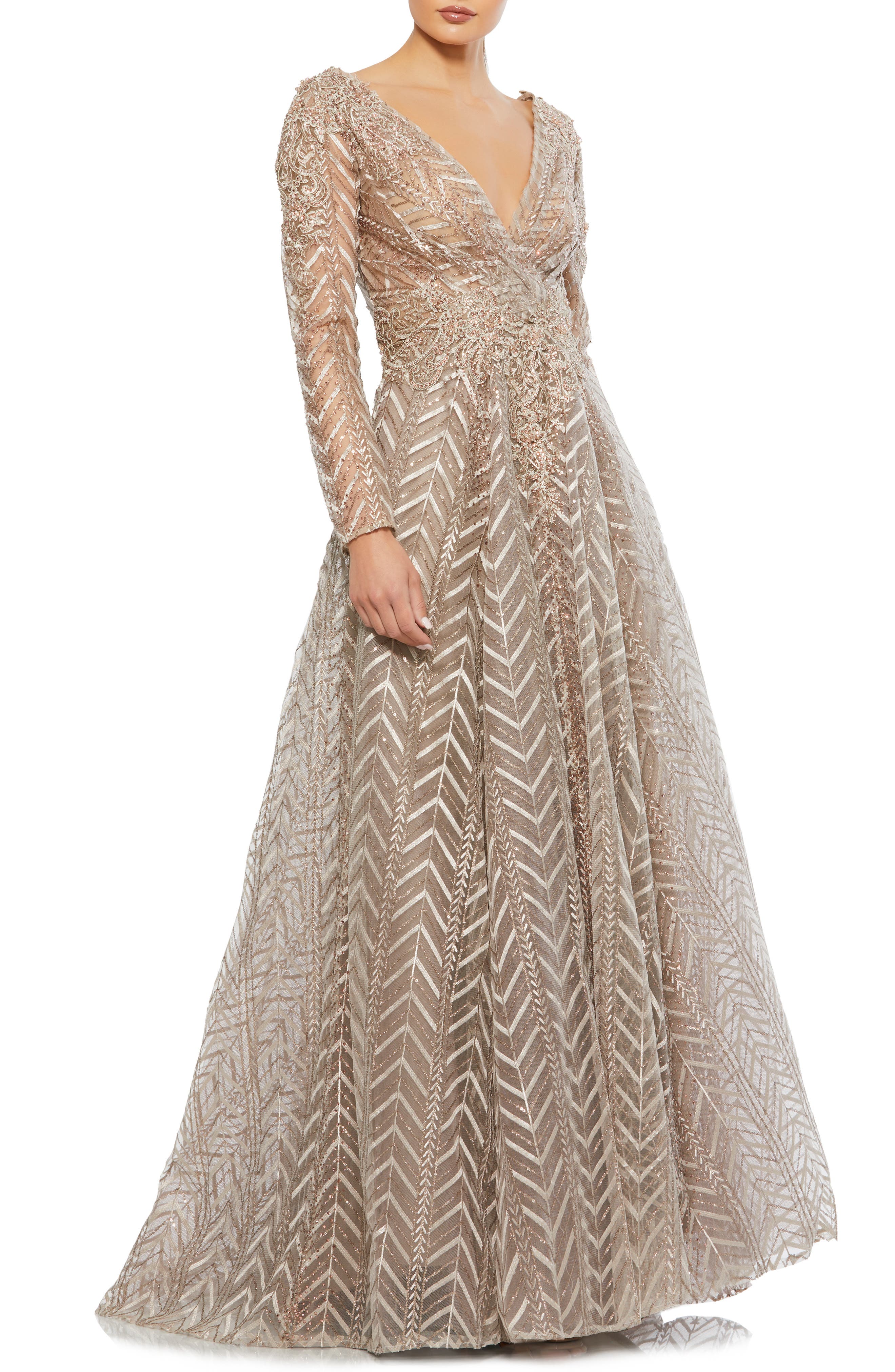 taupe gown with sleeves