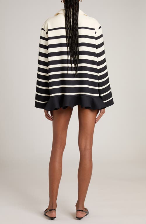 Shop Valentino Garavani Stripe Flounce Hem Long Sleeve Crepe Couture Dress In Avorio/navy