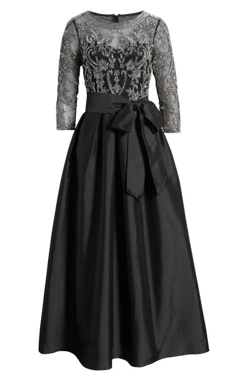 Shop Pisarro Nights Beaded Illusion Neck Taffeta Cocktail Dress In Black/silver