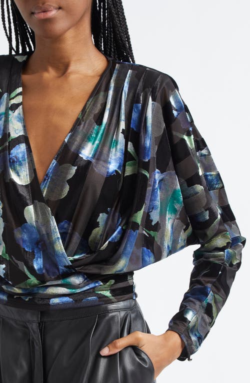 Shop Ramy Brook Orson Metallic Floral Mixed Media Top In Lapis Velvet