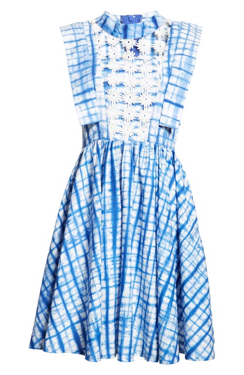 Tutu Floral Appliqué Grid Print Cotton Dress in Blue/White