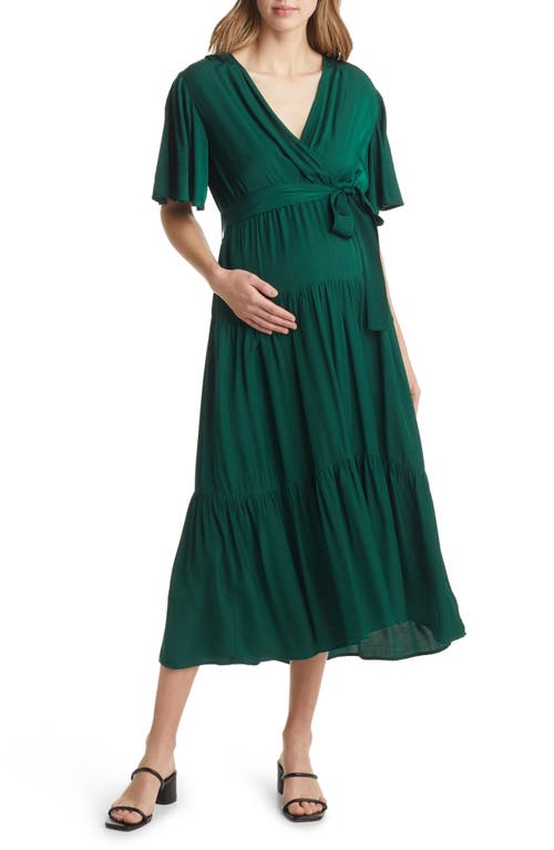 Crossover Faux Wrap Maternity Maxi Dress in Green
