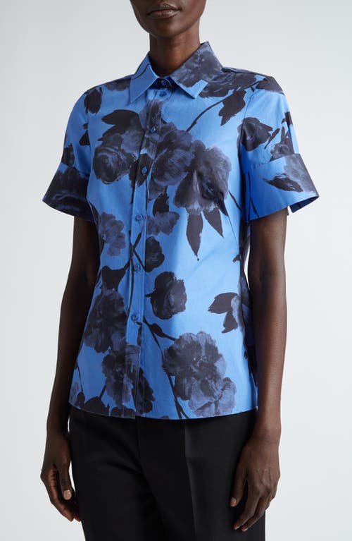 Shop Erdem Floral Short Sleeve Cotton Poplin Button-up Shirt In Lupin Blue