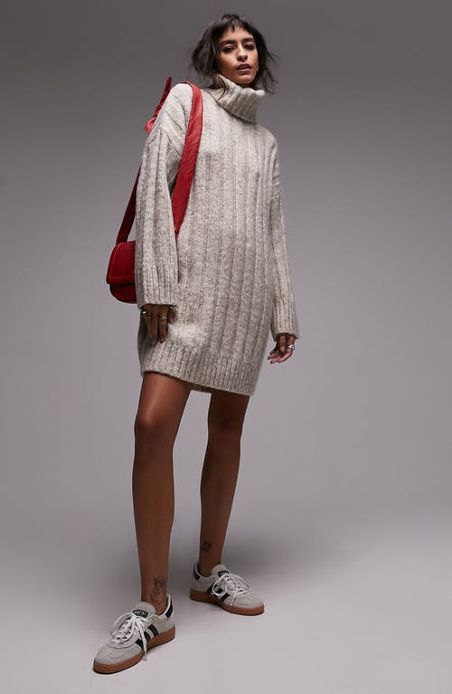 Topshop Long Sleeve Turtleneck Wide Rib Sweater Dress Stone at Nordstrom,