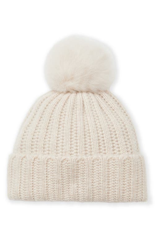 Shop Bruno Magli Ladder Stitch Cashmere Beanie With Genuine Shearling Pompom In Oat