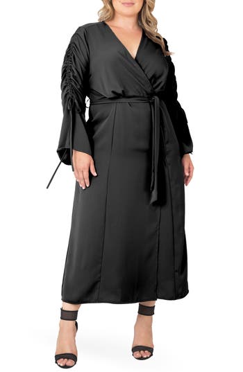 Standards & Practices Ruched Long Sleeve Wrap Maxi Dress In Black