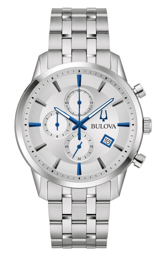 Shop Bulova Sutton Bracelet Chronograph Watch, 41mm In Silverone