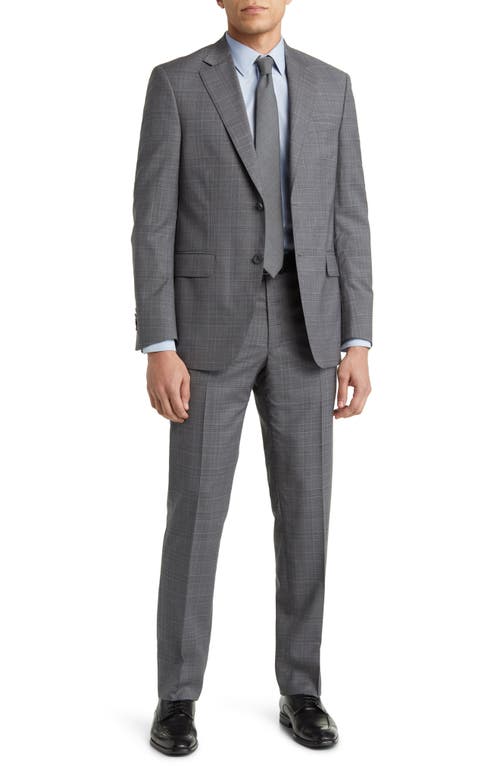 Tailored Fit Plaid Wool Suit in Grey
